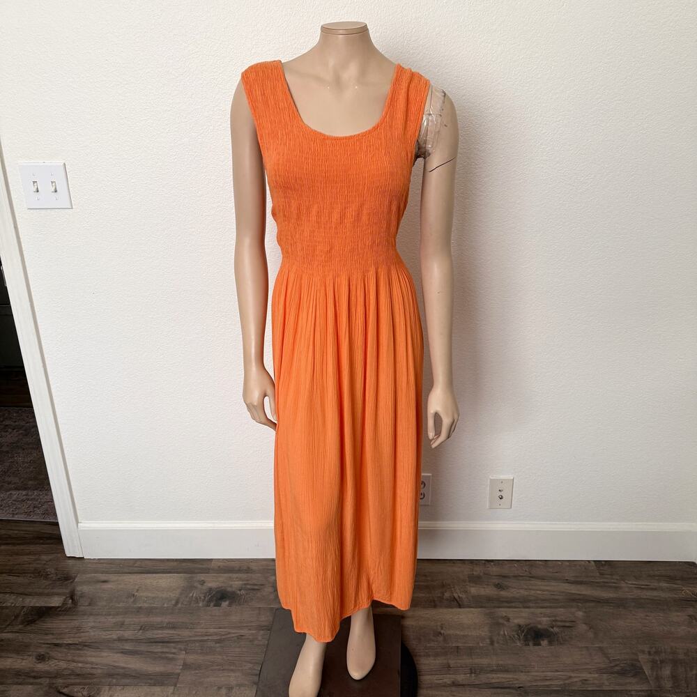 [Vintage] Anthony Richards Orange Smocked Scoop Neck Textured Maxi Dress Large